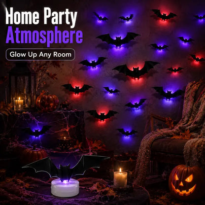 🦇 50% RABATT! 🎃 3D LED-Fladdermöss Halloween-Dekoration – Lila Ljus, Hängande & Väggklistrad – Kuslig Atmosfär för Hem & Fest 🌙