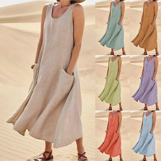 🔥Kvinnors ärmlös bomull och linne klänning med ficko