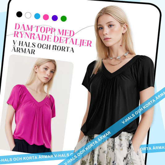 🔥Mors dag heta försäljning 50%🔥Kortärmad topp med veckad V-ringning för kvinnor