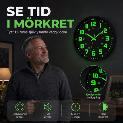 🕐 ENDAST TILLFÄLLIGT: 50% RABATT! ✨ Lysande Väggklocka – Tyst, 12 tum, Synlig dag och natt