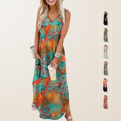 🎉Sista dagens erbjudande 50% RABATT💃2025 Sommar Boho Print Maxiklänning med V-ringning och fickor