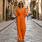 Jumpsuit för damer med V-ringning, hög midja och vida ben