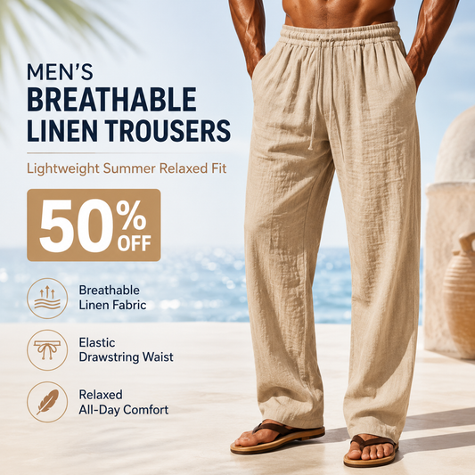 👖 TIDSBEGRÄNSAT 50% RABATT! ✨ Herrbyxor i Andningsbar Linne – Lös Passform, Dragsko i Midjan, Funktionella Fickor 🌿