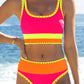 🔥🎁Nyhet 50 % RABATT🔥🌼 Färgblockerad Sportig 3-delars Bikiniset i Nylon – Högmidja med Magekontroll 👙