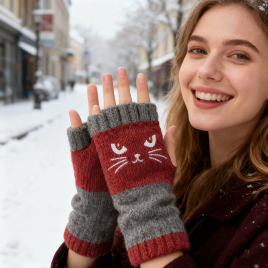 ⚡Julrea 50 % rabatt!🔥Varma och mysiga🧤Stickade fingerlösa handskar för kvinnor med sött kattmönster