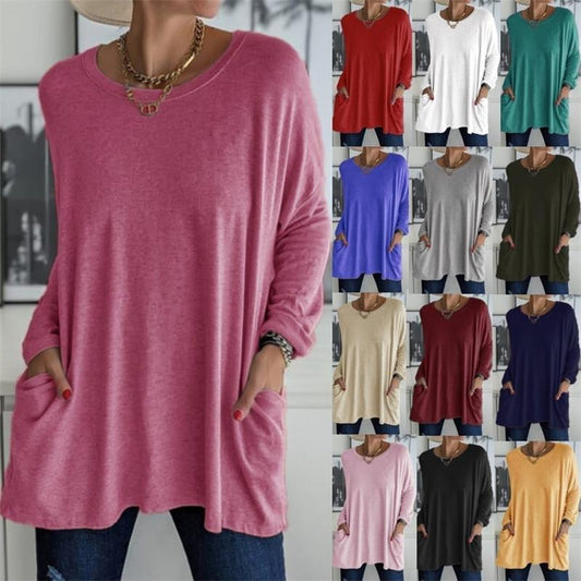 💖SISTA DAGEN AV REAN 50 % RABATT🥰【S-5XL】Rund hals Långärmad lös ficka Solid T-shirt