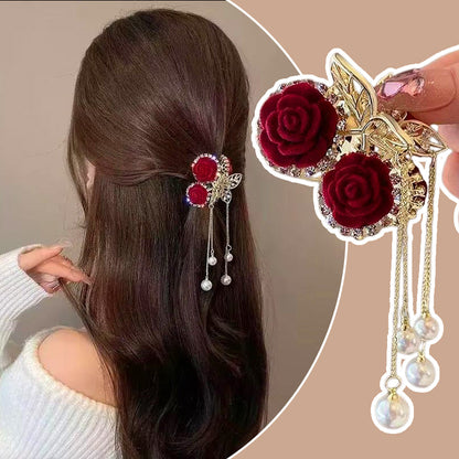 Elegant Sammet Ros Hårklämma med Pärlor