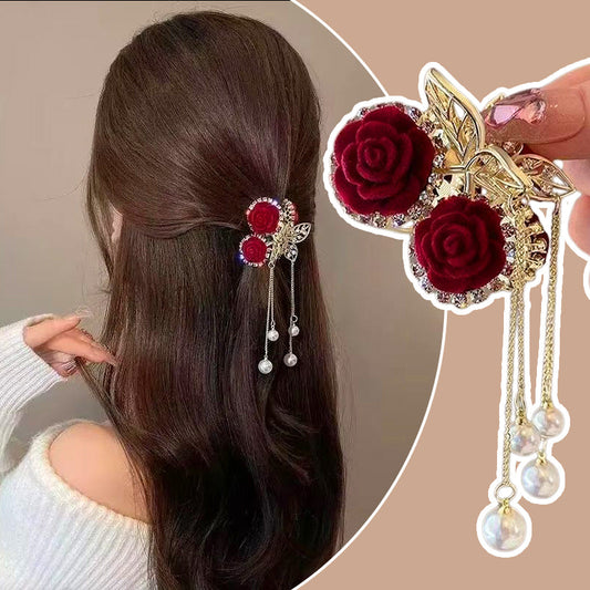 Elegant Sammet Ros Hårklämma med Pärlor