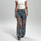🌸NYHET HOT SALE🔥💥Jeans med tryck i vintage mesh och lapptäcke för kvinnor👖