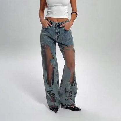 🌸NYHET HOT SALE🔥💥Jeans med tryck i vintage mesh och lapptäcke för kvinnor👖
