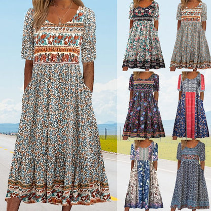 🔥50 % RABATT🌸✨ Elegant klänning med bohemtryck för kvinnor