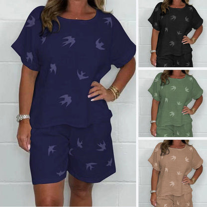 🔥2025 Ny 50% rabatt Hot Sale🔥Avslappnad Tryckt Bomulls-linne Set med Kortärmad Topp och Shorts