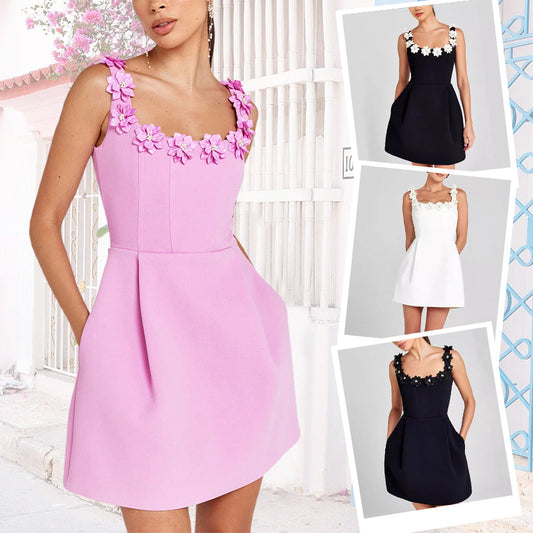 Elegant blommig klänning för kvinnor med fyrkantig urringning och fickor – Enkel stil och komfort!
