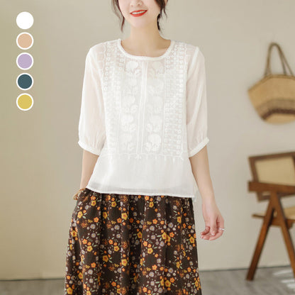 👚 50% RABATT NU! 🌿 Women's Thin Embroidery Breathable Cotton Linen Shirt – Lätt & Andningsbar – Perfekt för Sommar & Semester – Kortärmad & Rundhalsad ✨