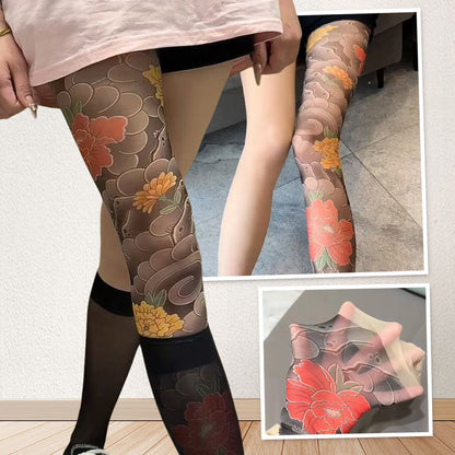 Unisex Hög Midja Blommiga Tatuering Strumpor