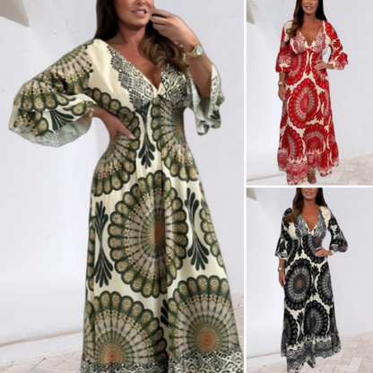 🔥Kvinnor retro boho maxiklänning med djup V-ringning🔥
