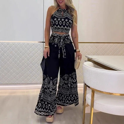 ⏳50% rabatt under en begränsad tid 🎁Dam Retro Mönster Etnisk Halter Ärmlös Topp Byxor med vida ben Set