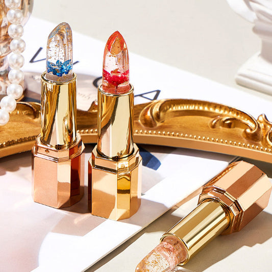 Temperaturkänsligt, fuktgivande och långvarigt geléläppstift med blomma