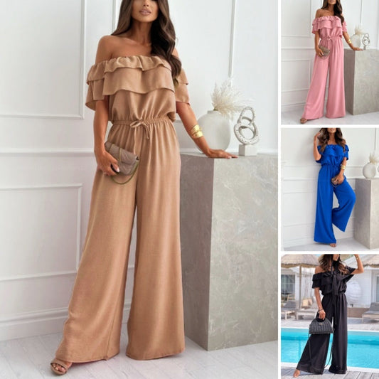 Byxdress med bara axlar och volanger för dam