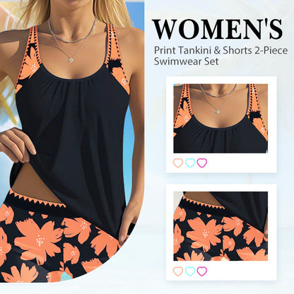 Dam Badkläder 2-Delat Set – Tryckt Tankini och Shorts