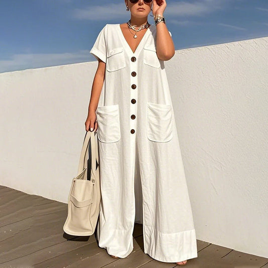 V-ringad lös jumpsuit för kvinnor