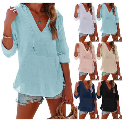 👚 50% RABATT NU! ✨ Enfärgad V-ringad Långärmad Topp med Huva & Fickor – Mjuk Bomull/Linne – Perfekt för Alla Årstider 🌿