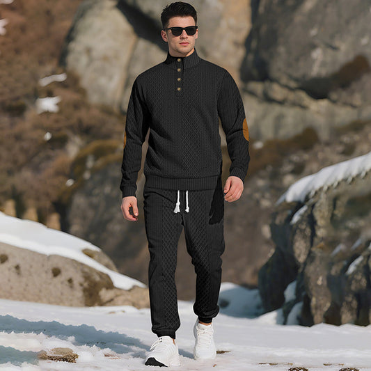 Casual Jacquard 2-delat set för herr: Tröja med ståkrage och byxor med elastisk mudd