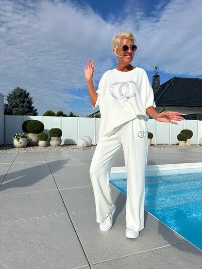 ⏳50% RABATT ✨ Casual Tvådelat Set för Kvinnor – Enfärgad Topp och Lösa Byxor