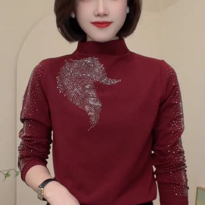Varm baslager-tröja med halv turtleneck och strass för kvinnor