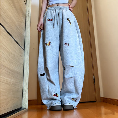👖Broderade baggy joggingbyxor med dragsko och valmönster🐕‍🦺🚀Fri frakt