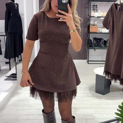💥Kvinnors glittrande miniklänning med spetsar och korta ärmar | Elegant och glittrande