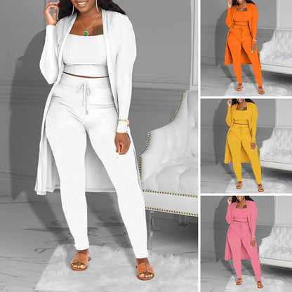 Casual 3-delat stickat set – kort topp, kofta och byxor