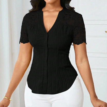 🌼SISTA DAGENS ERBJUDANDE - 60% RABATT👚Dam sommarblus med V-ringning och spetsärm, knappar
