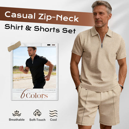 ☀️👕 50% RABATT! | Sommarcasual Set – Våffelskjorta med Dragkedja & Matchande Shorts!