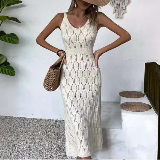 👗✨ 50% RABATT! | Elegant V-ringad Stickad Klänning – Hålmönster, Andningsbar & Figursydd!