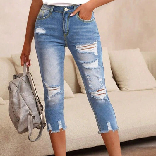💥 Modedam Slitna Tvättade Jeans med Råkant Detalj