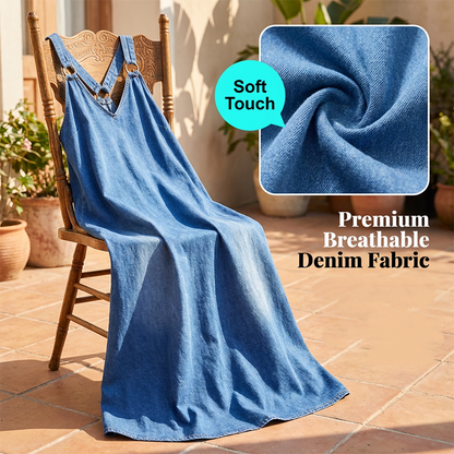 👗 50% RABATT! 🥰 Avslappnad, Lös Denim-Maxi Klänning med V-ringning – Bekväm, Mångsidig & Perfekt För Vardagsbruk 🌸
