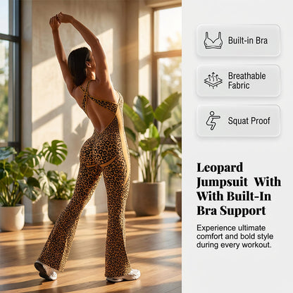 Damens cheetahprint-träningsjumpsuit med inbyggd brasskjorta