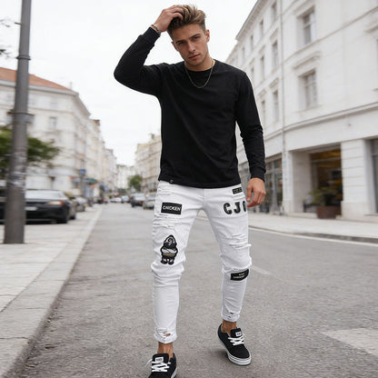 🔥 50% RABATT NU! 👖 Herrar slim jeans med rev – Modersmål lappar & hållbart denim 🎨👟