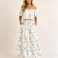 👗 50% RABATT NU! 🌸 Tryckt Off-Shoulder Kortärmad Maxiklänning – Blommönster, Rynkad Liv & Dolda Fickor ✨