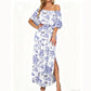 👗 50% RABATT NU! 🌸 Tryckt Off-Shoulder Kortärmad Maxiklänning – Blommönster, Rynkad Liv & Dolda Fickor ✨