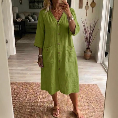👗 50% RABATT NU! 🌿 Kvinnors Casual V-ringad Midi klänning – Smickrande Halsringning, Praktiska Fickor & Andningsbar ✨