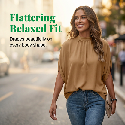 👚 50% RABATT NU! 🕊️ Kvinnors Elegant Mock Neck Topp – Draperad Silhuett, Slits Fladdermusärmar & Andningsbart Tyg – Kontor till Helg ☁️