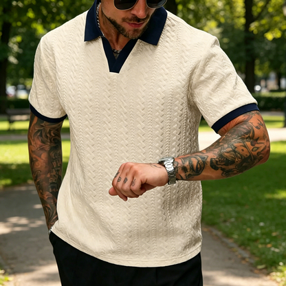 👕 50% RABATT NU! 👔 Herr casual texturerad top – kontrastkrage & stickad kvalitet – Mångsidig, lättskött & perfekt för kontoret eller lediga helger 🎩