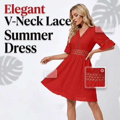 ✨Tidsbegränsad 50% rabatt! ✨Elegant spetsklänning – V-ringad, veckad design, perfekt för sommarsemestern✨