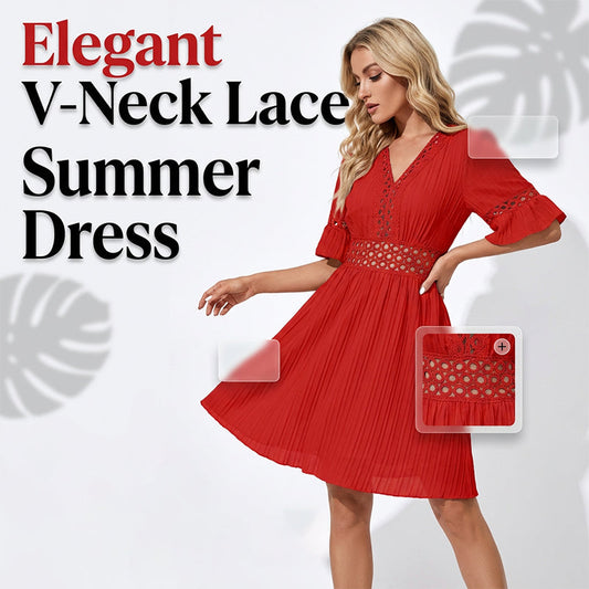 ✨Tidsbegränsad 50% rabatt! ✨Elegant spetsklänning – V-ringad, veckad design, perfekt för sommarsemestern✨