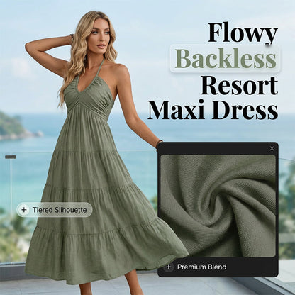 👗 50% RABATT NU! 🌴 Damernas Halterneck Baklös Maxiklänning – Volang, Flödande, Resortstil 🌺