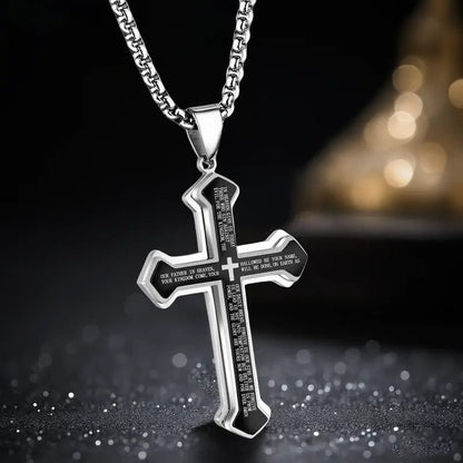 ✝️ BEGRÄNSAD KAMPANJ 50% RABATT! ✨ Fader Vår Korshalsband för Herrar – Titanstål, Fullgravyr & Överlappande Design 🔥