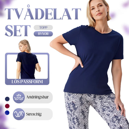 Kvinnors Enfärgad Kortärmad Topp och Tryckta Byxor Tvådelat Set