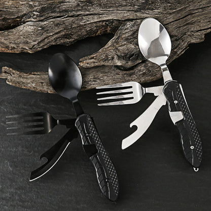 🍴 50% RABATT NU!🏕️ 4-i-1 Utomhus Fällbart Bestickset – Rostfritt Stål Multi-Tool – Kompakt Camping- & Vandringstillbehör 🎒